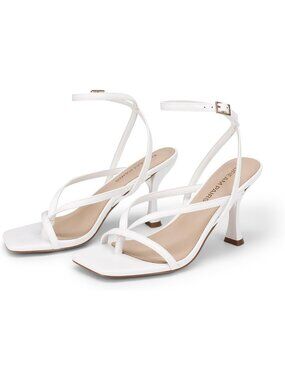 Women's White Faux Leather Square Open Toe Flip Flop Ankle Strap High Heels